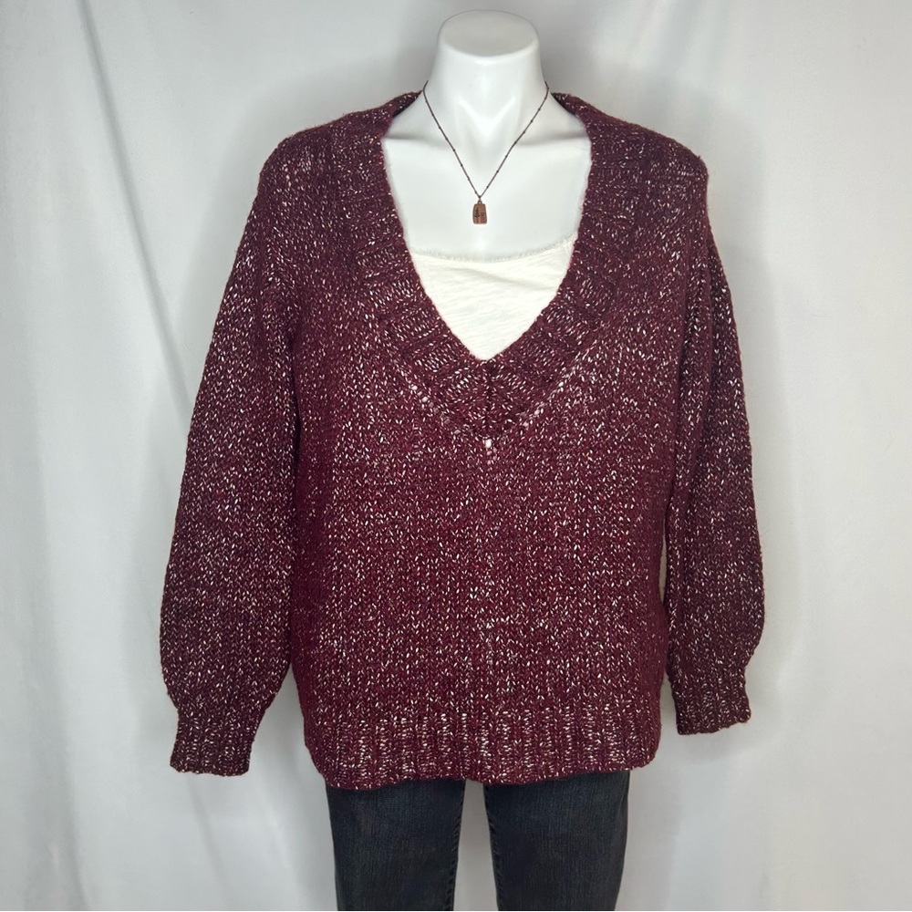 MODA International Oversized Deep V-Neck Knit Sweater, Medium